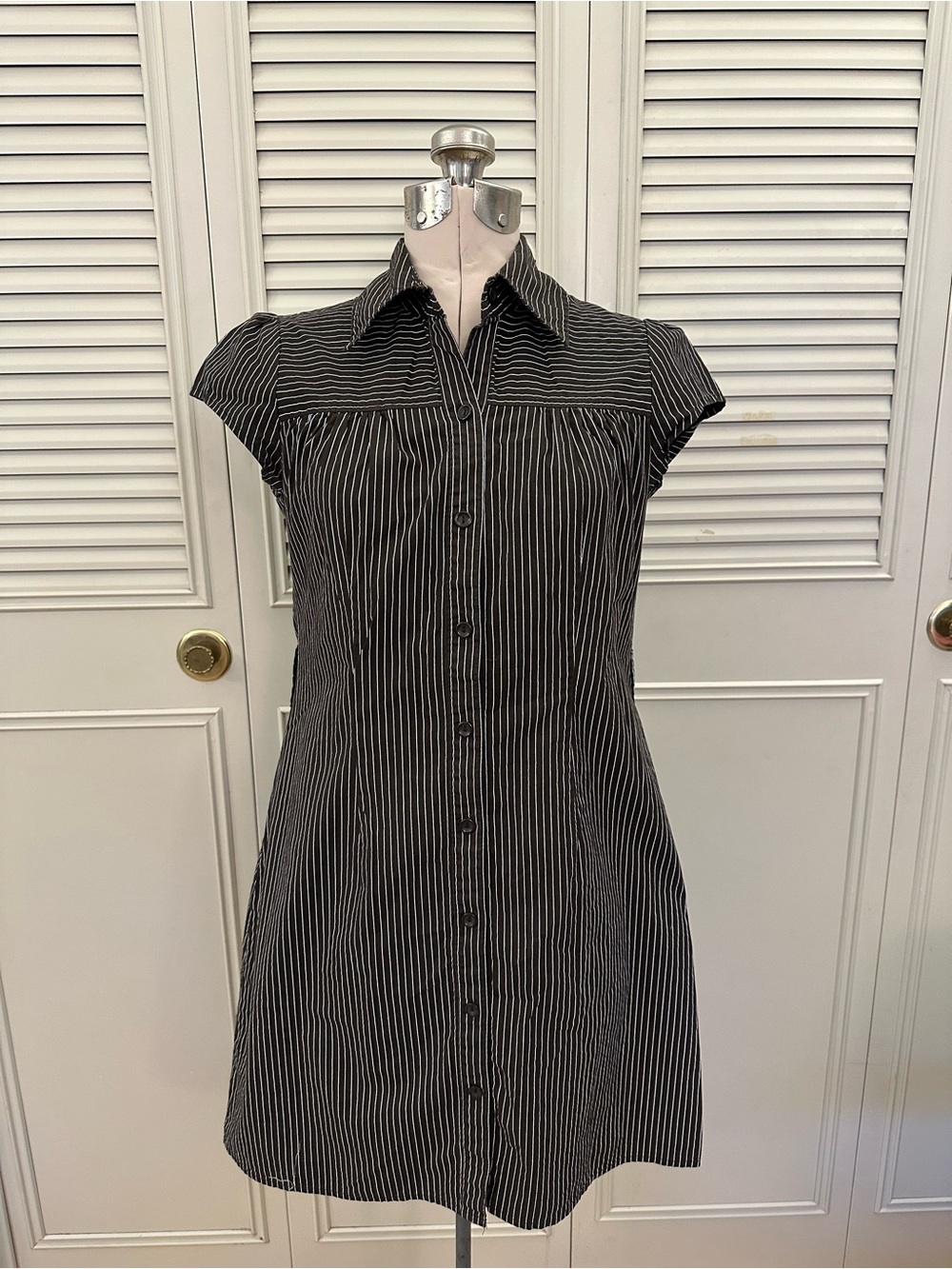 Brown & White Pinstripe Button-Front Shirt Dress | 97% Cotton